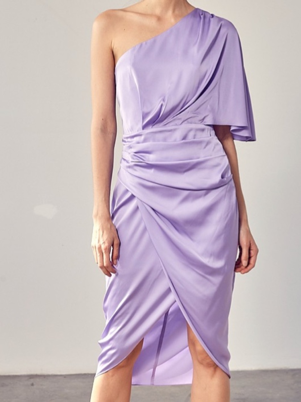 Do + Be Lavender One Shoulder Ruched Faux Wrap Midi Dress Size S New